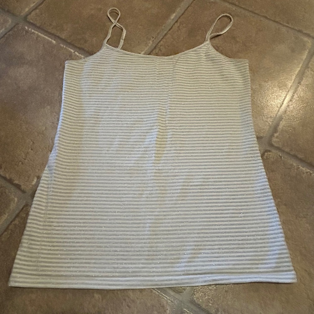 Ann Taylor LOFT Metallic Silver Striped Cami Spaghetti Strap Tank Top White M